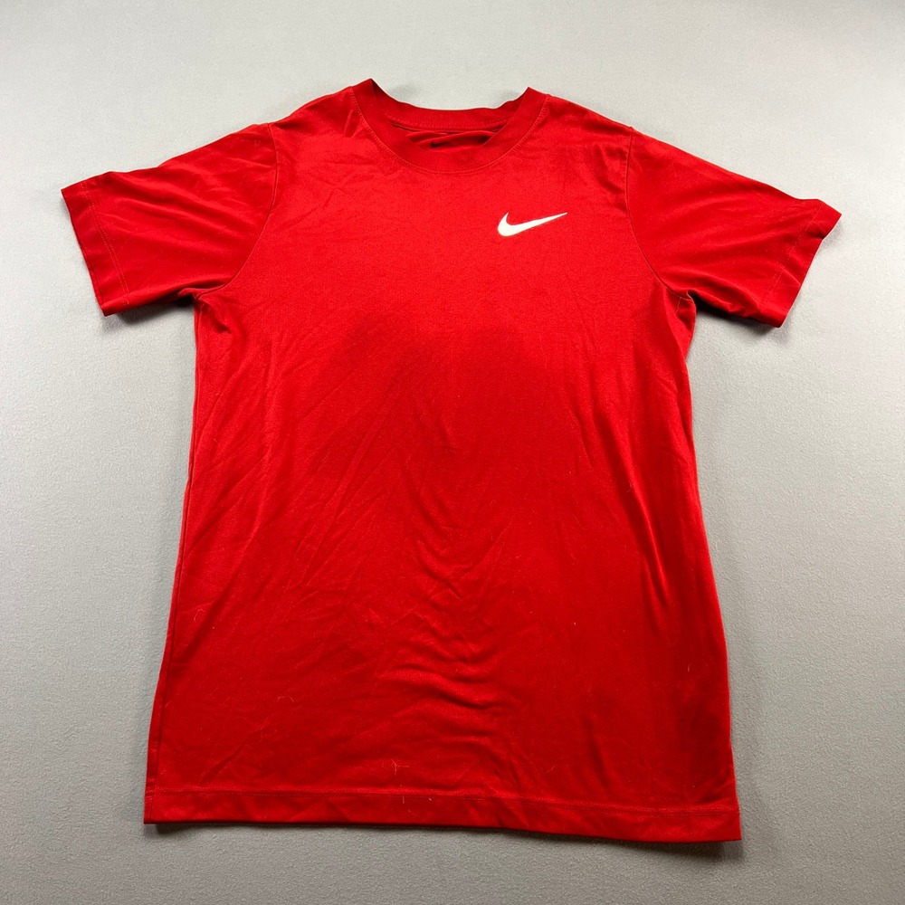 Nike Dri Fit Training T Shirt Boys L Red Swoosh Logo Crew Neck Moisture Wicking